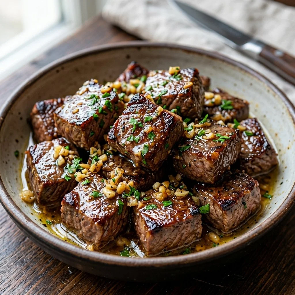 Delicious garlic butter steak bites served in a skillet, ready to enjoy