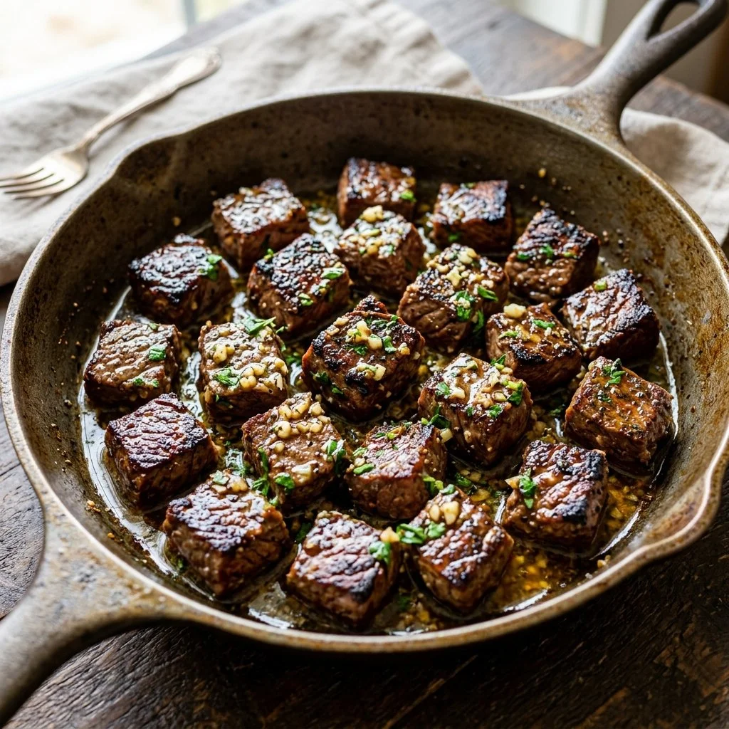 Garlic butter steak bites, cooked to perfection with rich flavors and a tender texture.