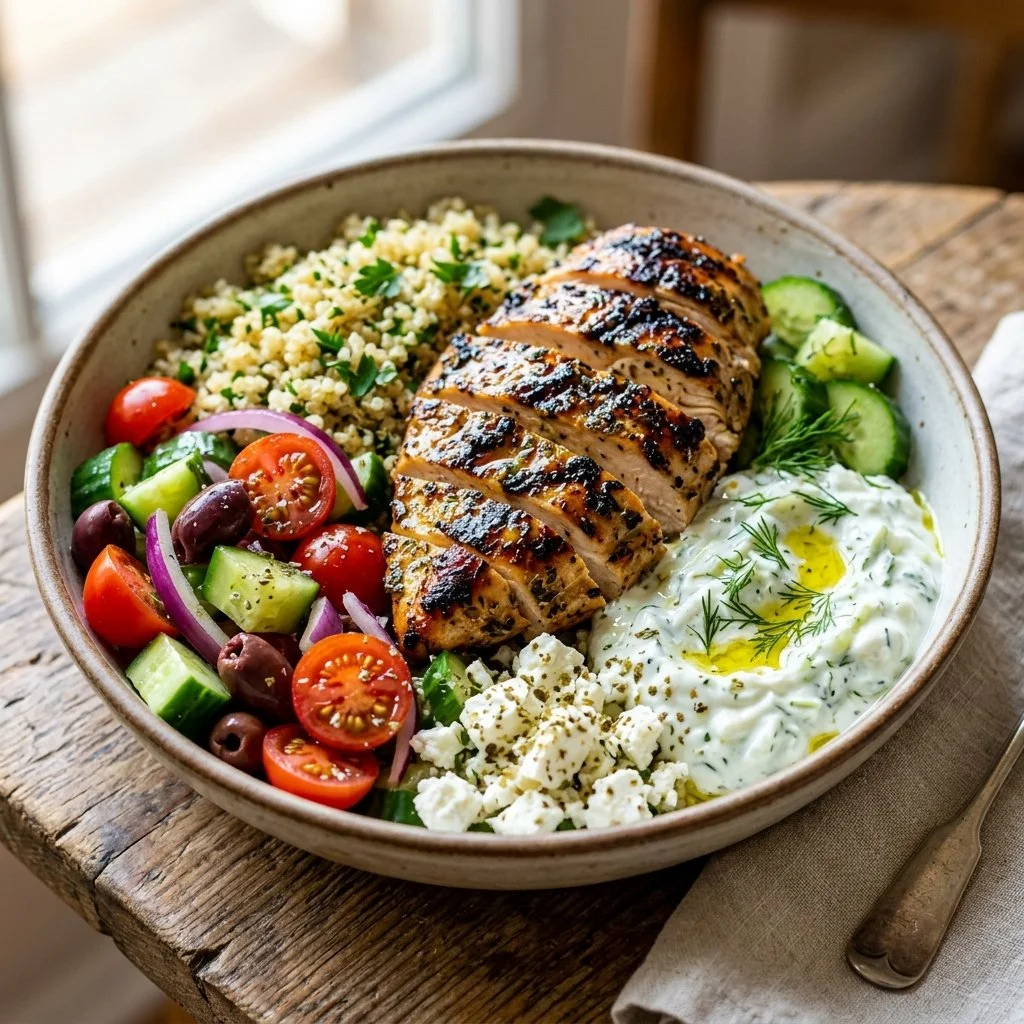 Delicious Greek Chicken Bowl with fresh vegetables and herbs