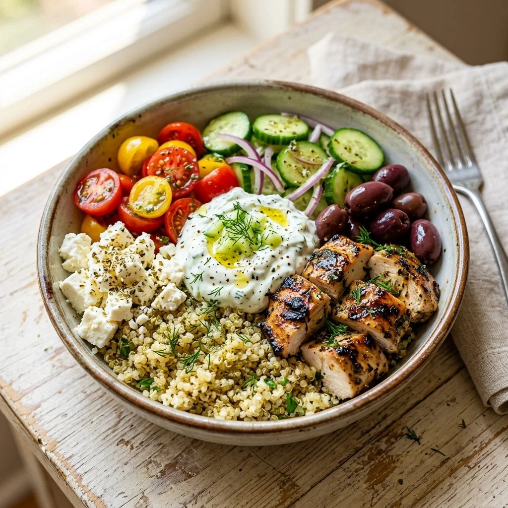 Delicious Greek Chicken Bowls with fresh vegetables and flavorful ingredients