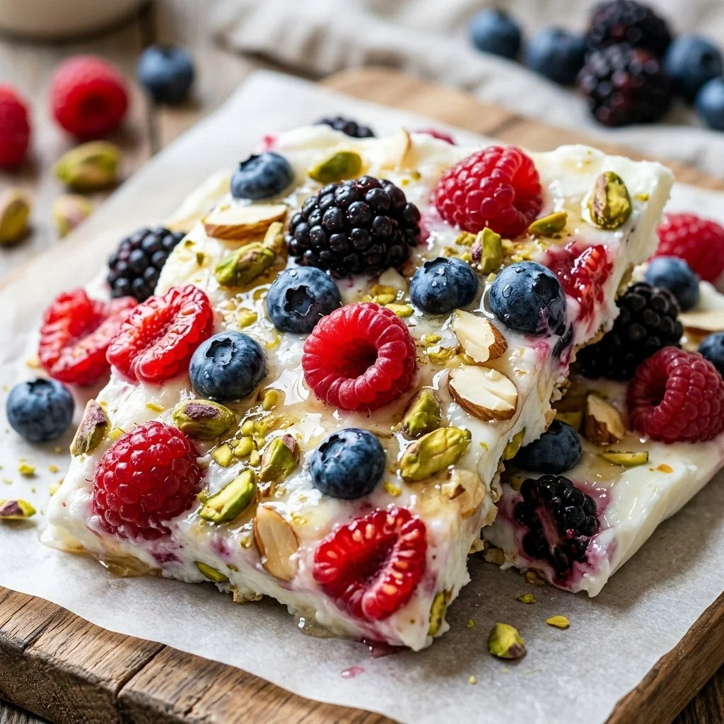 Homemade Greek yogurt bark with fruits and nuts on a platter