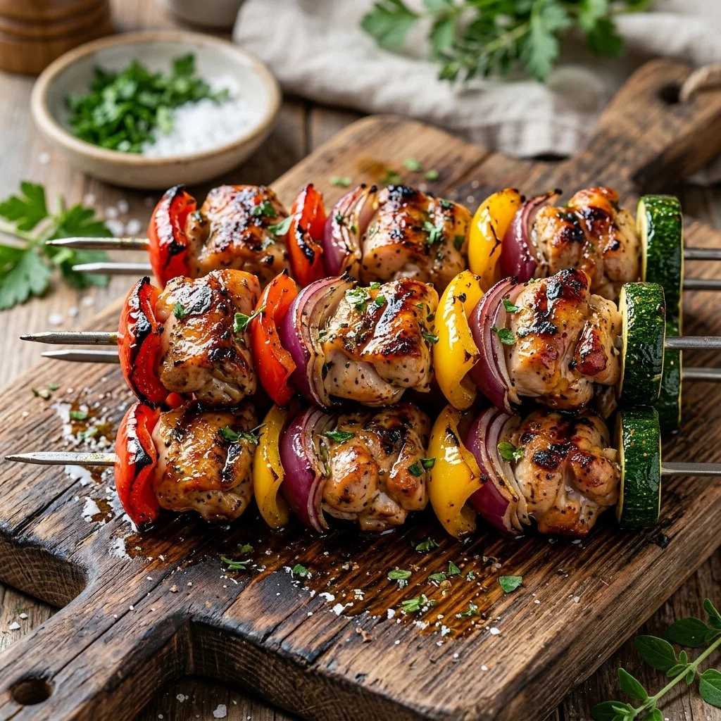 Delicious grilled chicken kabobs served on a skewer with vegetables.