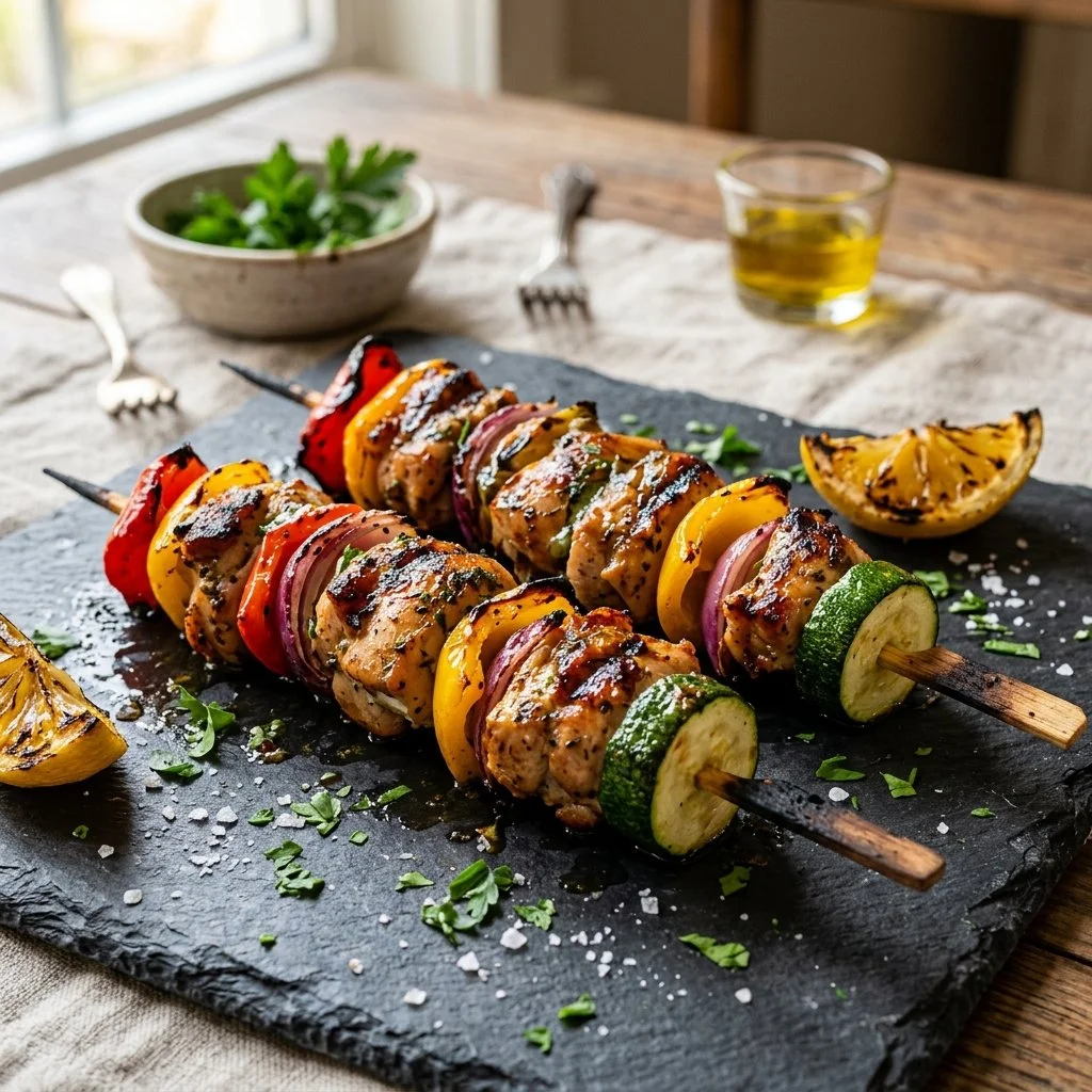Juicy grilled chicken kebabs served with vegetables on skewers.