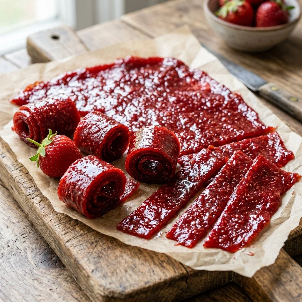 Homemade fruit leather made from fresh fruits and natural ingredients.