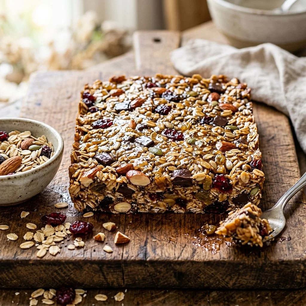 Delicious homemade granola bars on a wooden table with nuts and dried fruits