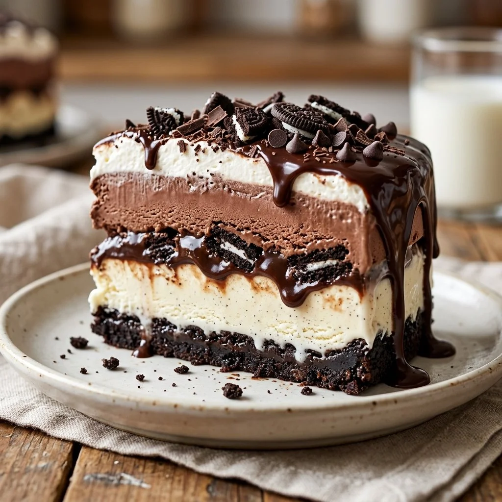 Slice of homemade ice cream cake with layers of cake and colorful ice cream