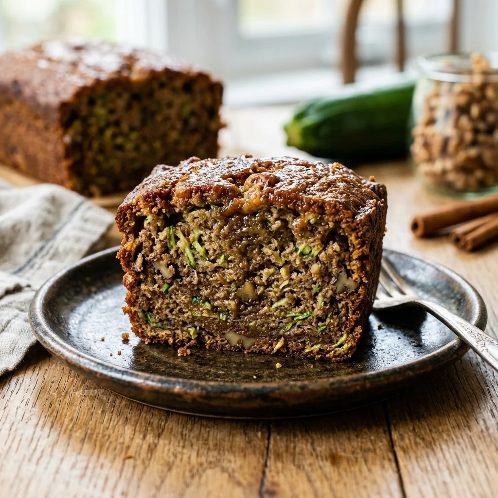 Loaf of freshly baked homemade zucchini bread on a wooden table