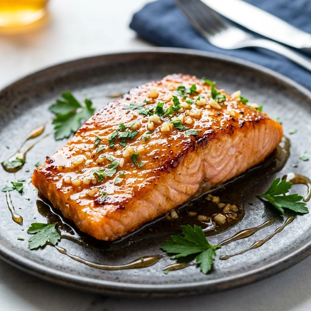 Honey garlic salmon on a platter garnished with herbs and lemon