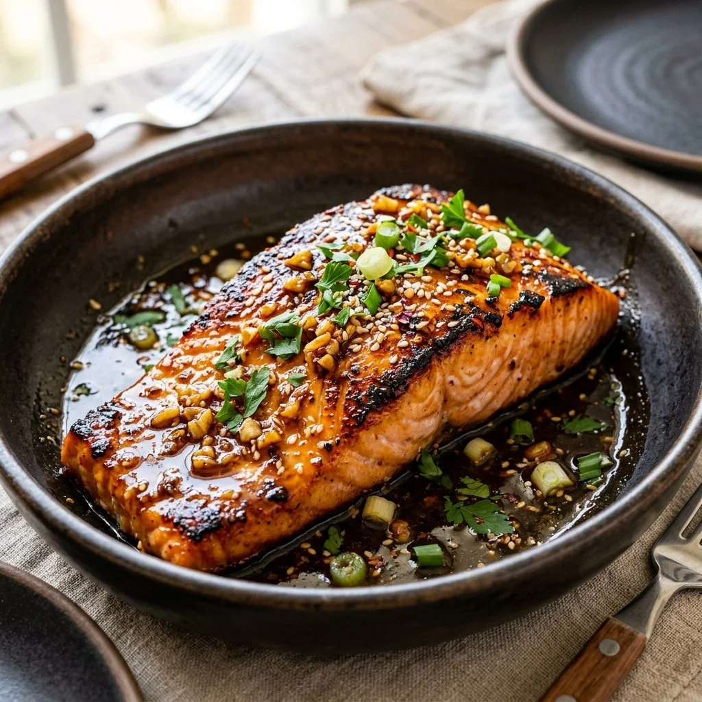 Delicious honey garlic salmon served with vegetables on a white plate