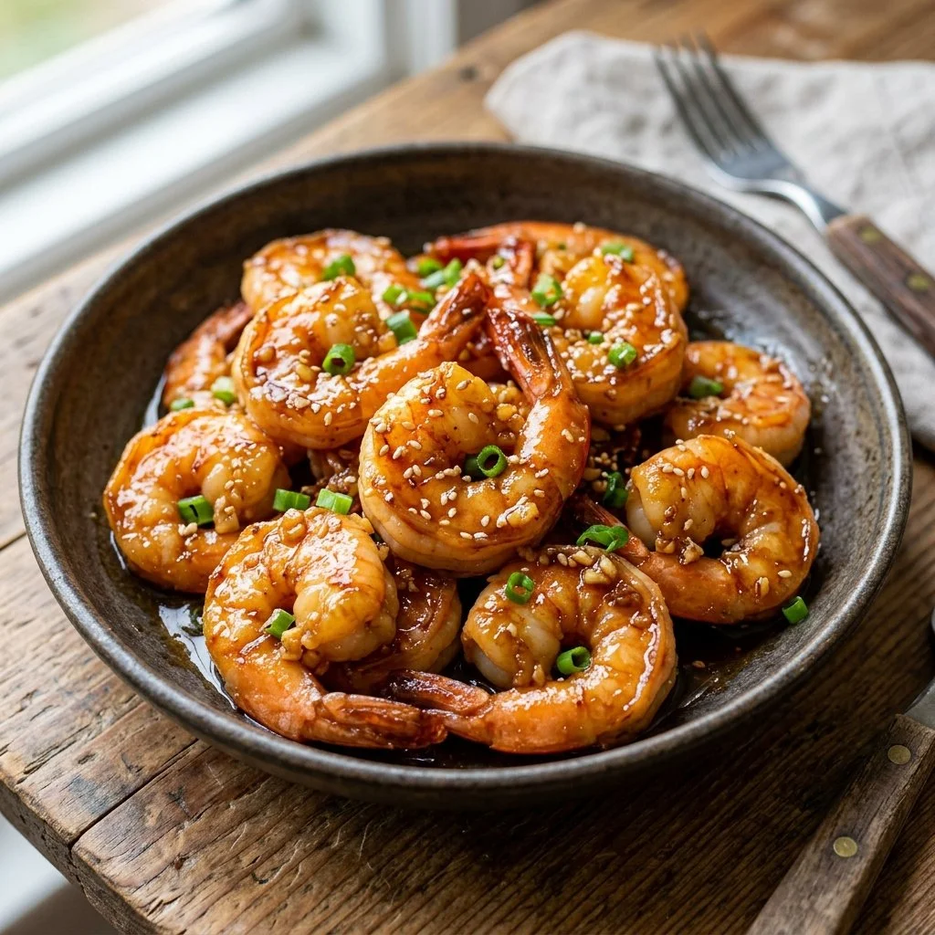 Delicious honey garlic shrimp served with rice and vegetables
