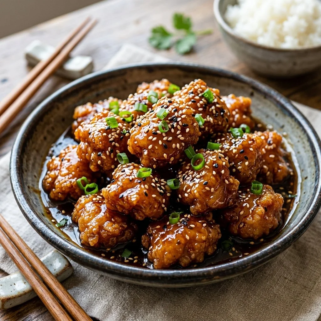 Delicious Honey Sesame Chicken served on a plate with sesame seeds and scallions