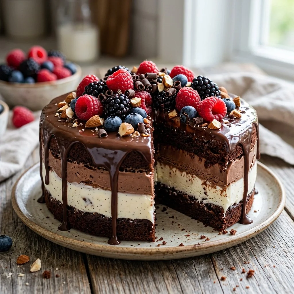 Delicious homemade Ice Cream Cake with colorful sprinkles and chocolate frosting
