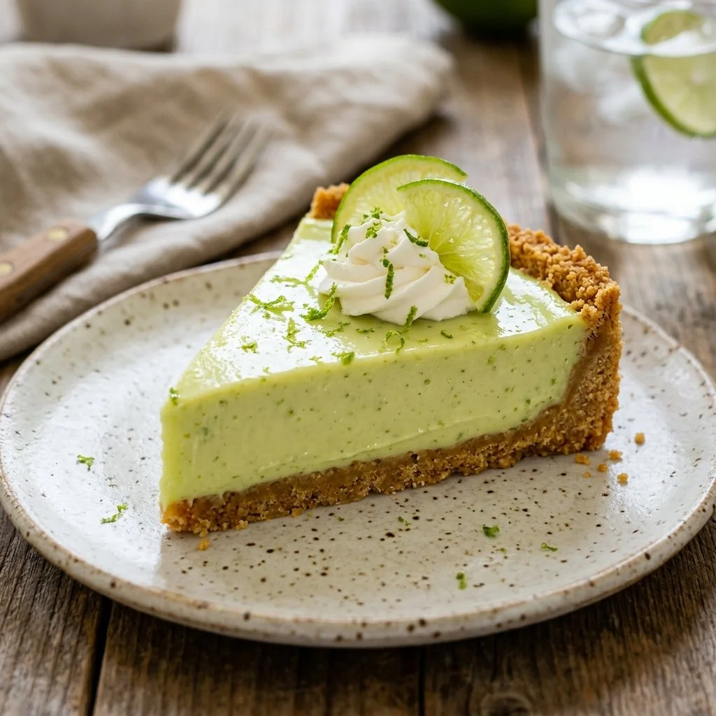 Delicious slice of Key Lime Pie topped with whipped cream and lime zest