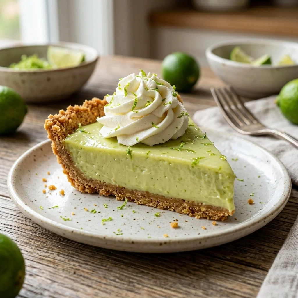 Slice of Key Lime Pie with whipped cream and lime garnish