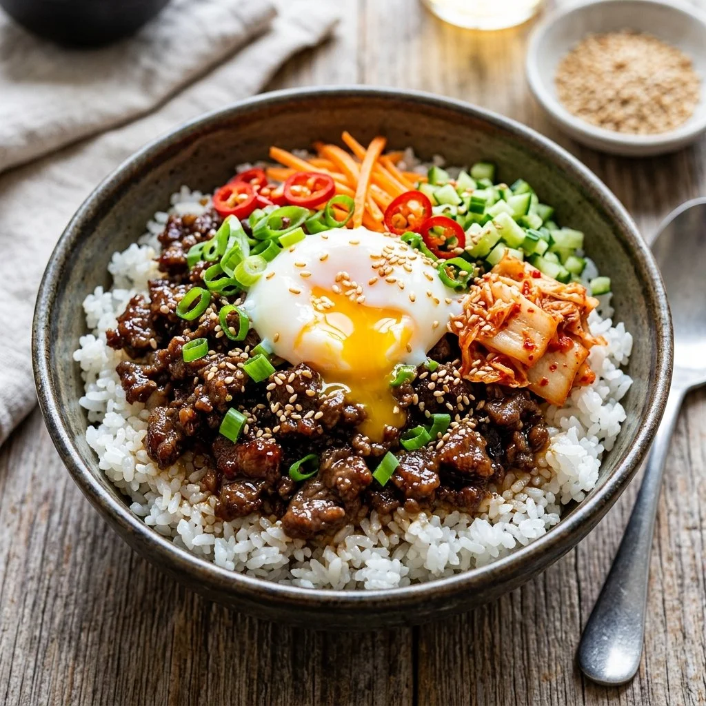 Delicious Korean beef bowls garnished with fresh vegetables and sauce.