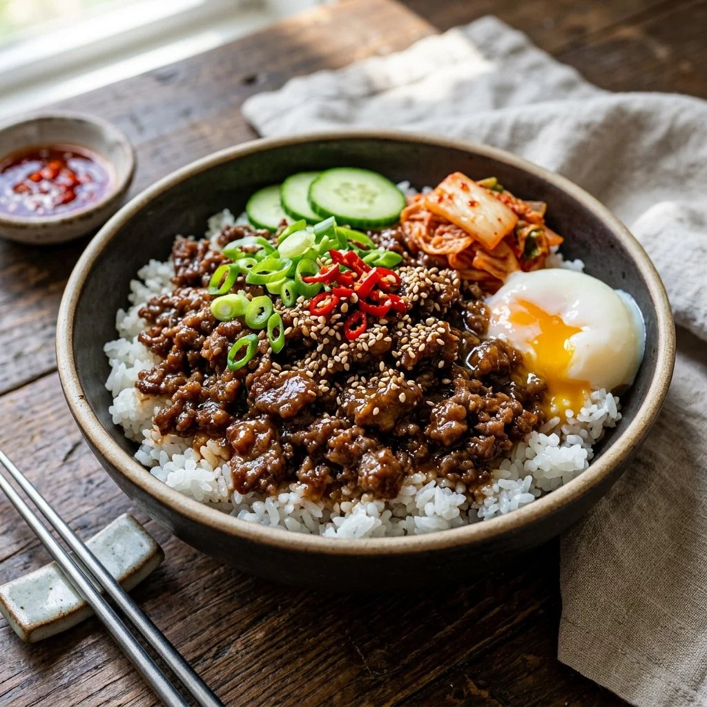 Delicious Korean beef bowls with tender beef, savory sauce, and fresh vegetables.