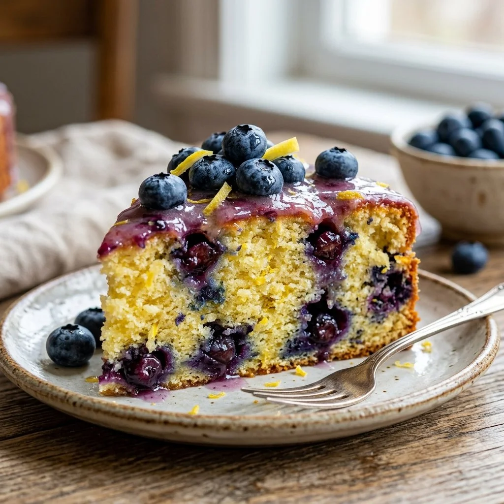 A delicious slice of lemon blueberry cake topped with fresh blueberries and lemon zest.