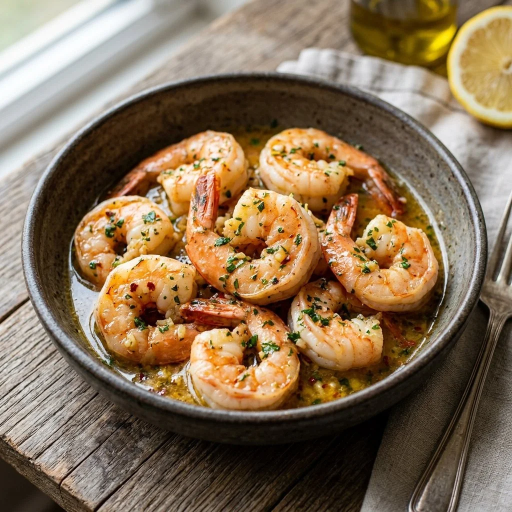 Delicious Lemon Garlic Butter Shrimp served with a lemon wedge and parsley garnish