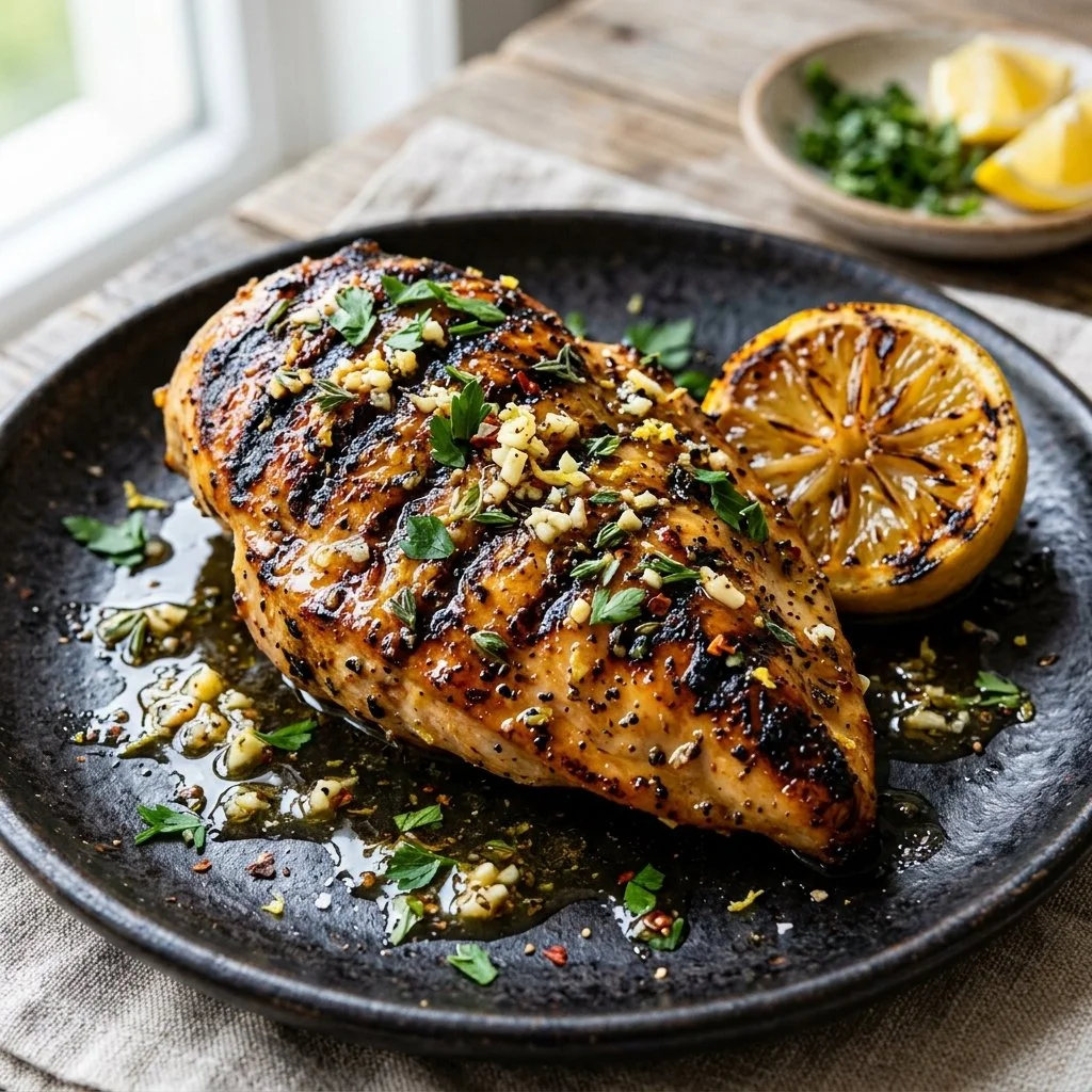 Lemon garlic grilled chicken ready to be served on a platter