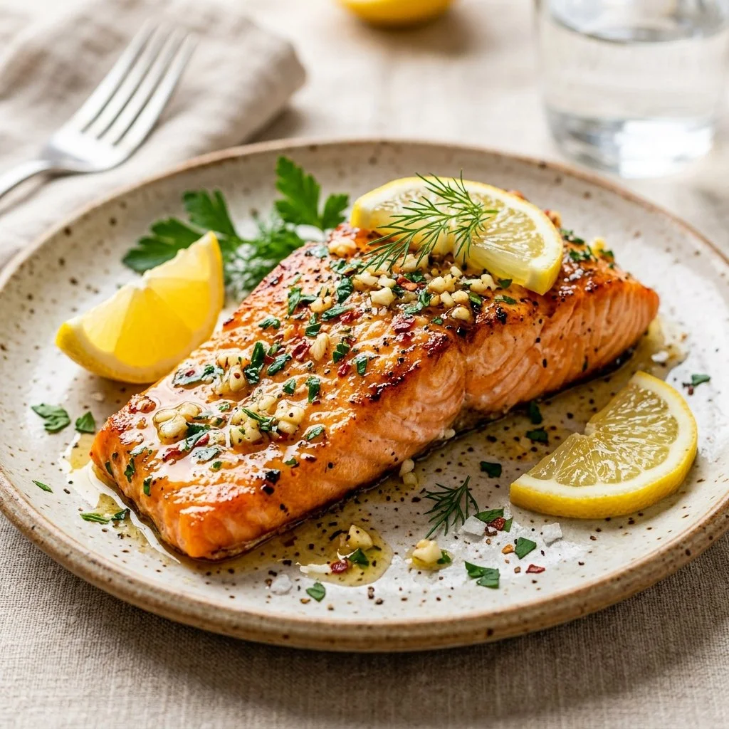 Lemon Garlic Salmon plated with fresh herbs and lemon wedges