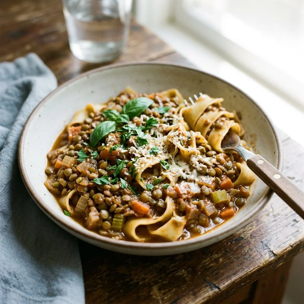 Bowl of delicious Lentil Bolognese Pasta topped with fresh herbs