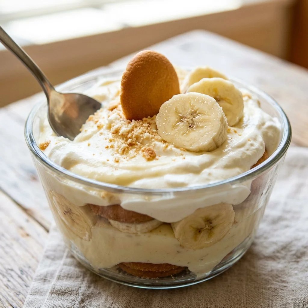 Delicious Magnolia banana pudding served in a bowl with whipped cream and bananas