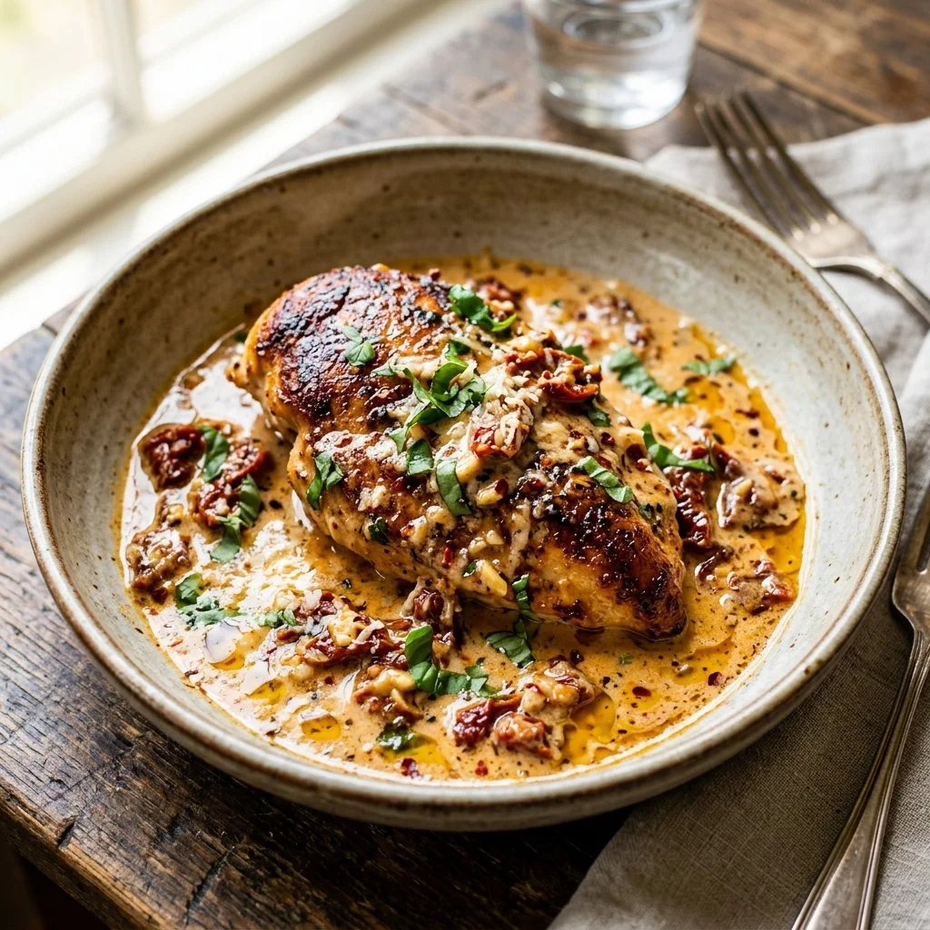 Delicious Marry Me Chicken served with herbs and cream sauce in a plate