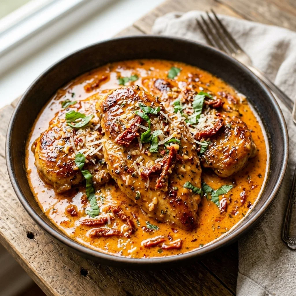 Delicious Marry Me Chicken served with creamy sauce and herbs