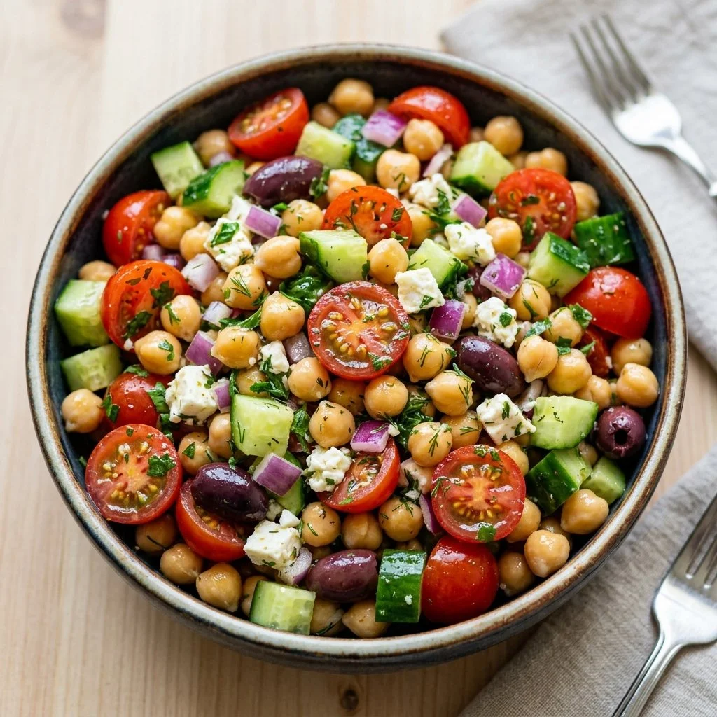 Healthy Mediterranean Chickpea Salad with fresh vegetables and herbs