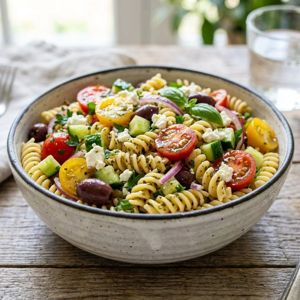 Colorful Mediterranean Pasta Salad with vegetables and herbs in a bowl