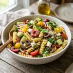 Colorful Mediterranean Pasta Salad with olives, tomatoes, and feta cheese