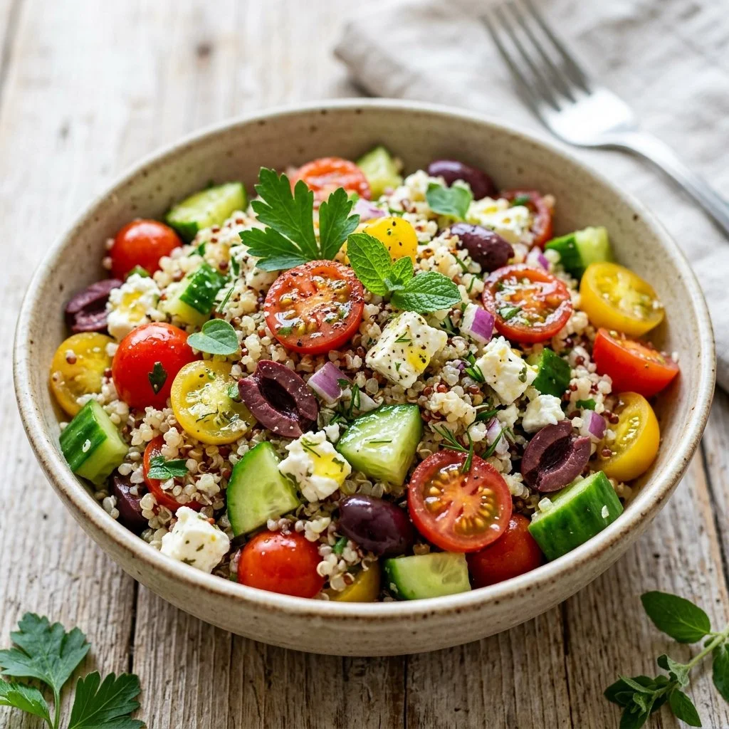 Colorful Mediterranean Quinoa Salad with fresh vegetables and herbs