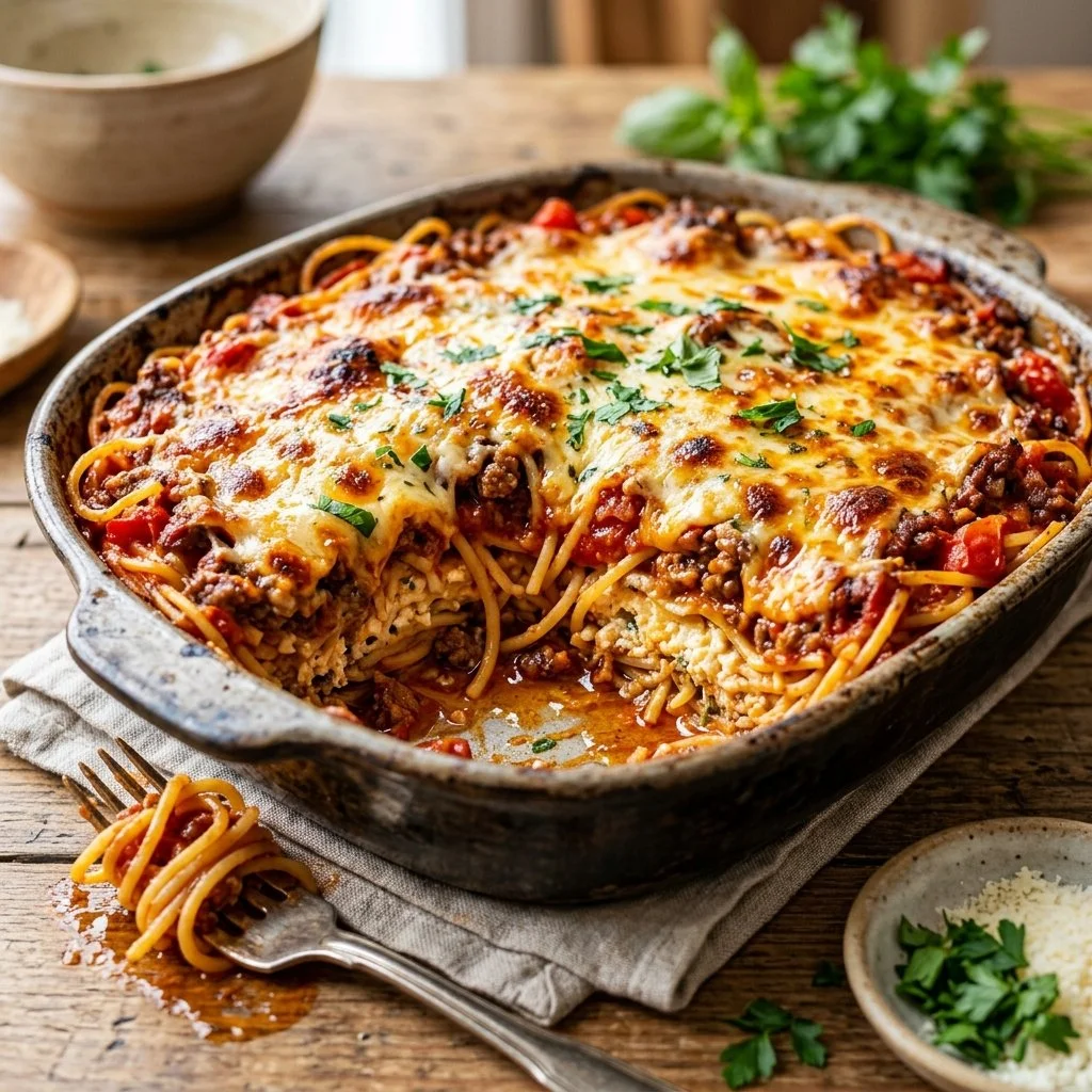 Delicious plate of Million Dollar Spaghetti with cheese and herbs