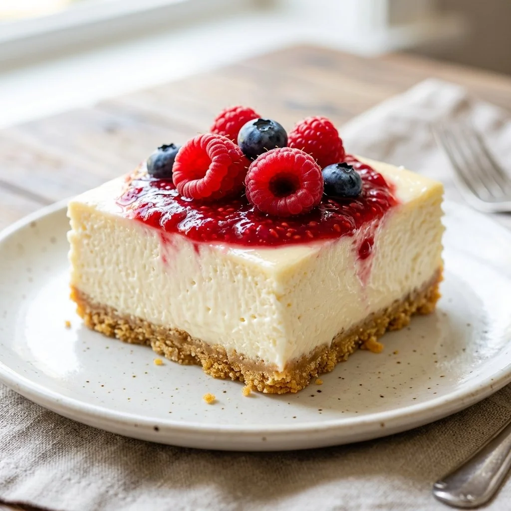 Delicious no bake cheesecake ready to be served with fresh berries.