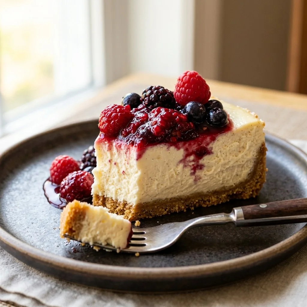 Delicious no-bake cheesecake topped with fresh berries on a wooden table.
