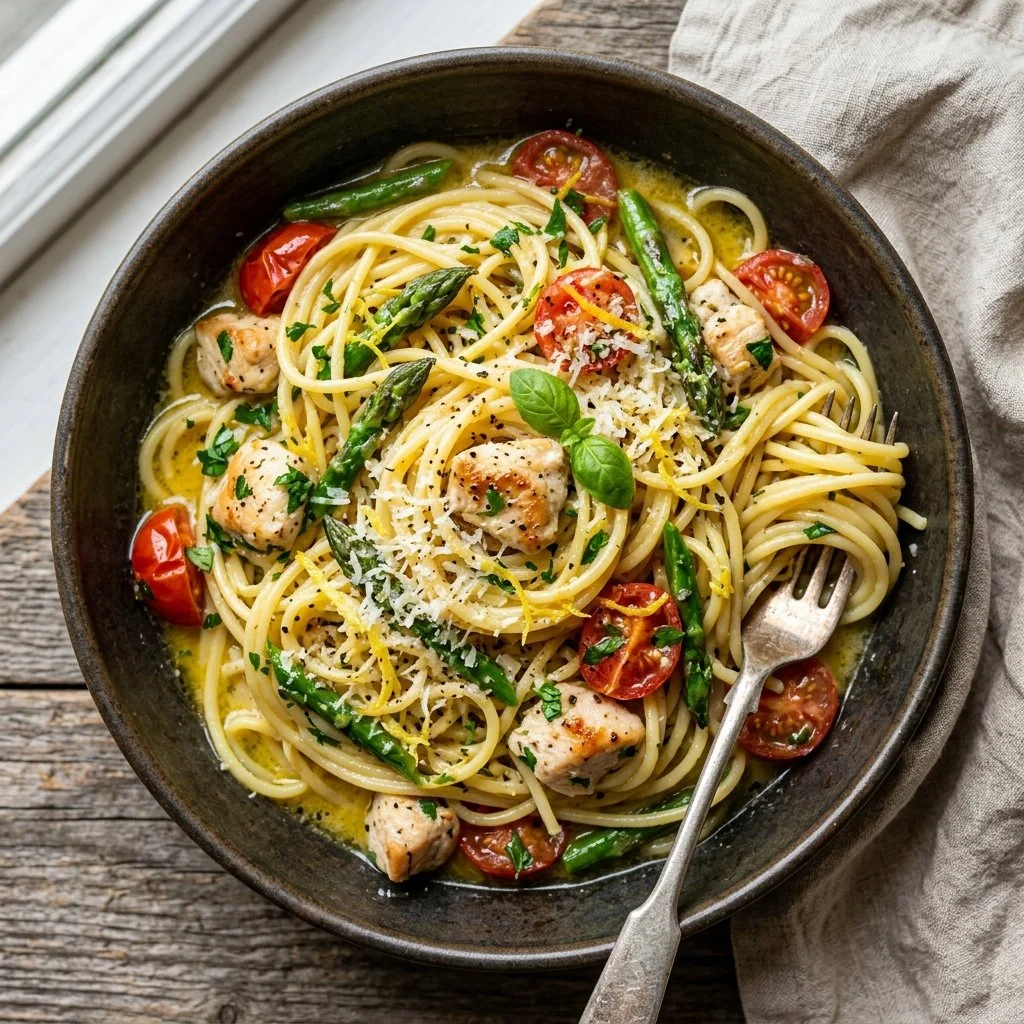 One Pot Lemon Pasta served with fresh herbs and lemon zest.