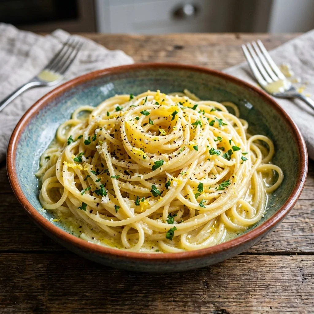 One Pot Lemon Pasta in a bowl with fresh herbs and lemon zest