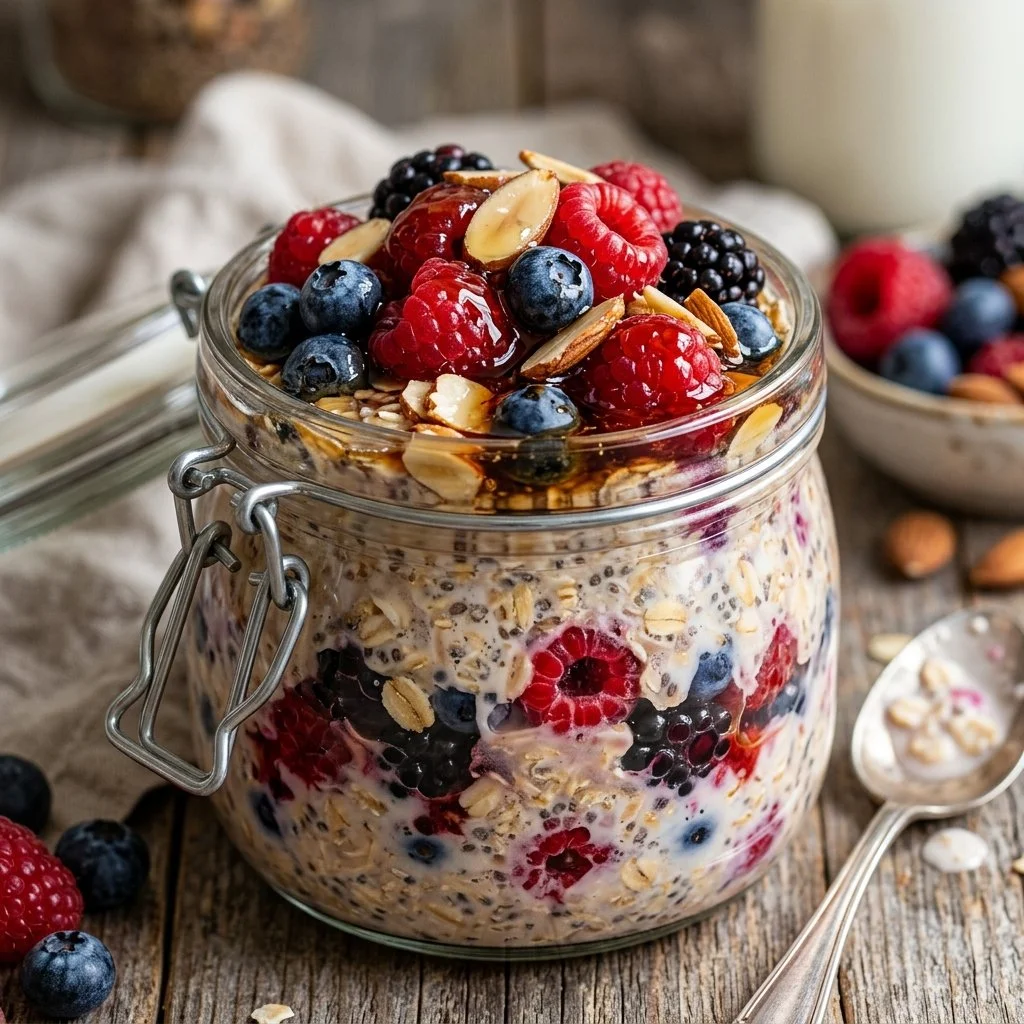 A bowl of colorful overnight oats topped with fruits and nuts for a healthy breakfast.