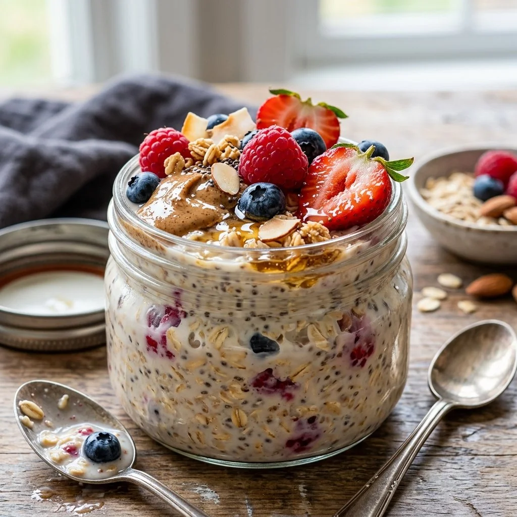 Bowl of colorful overnight oats topped with fresh fruits and nuts.