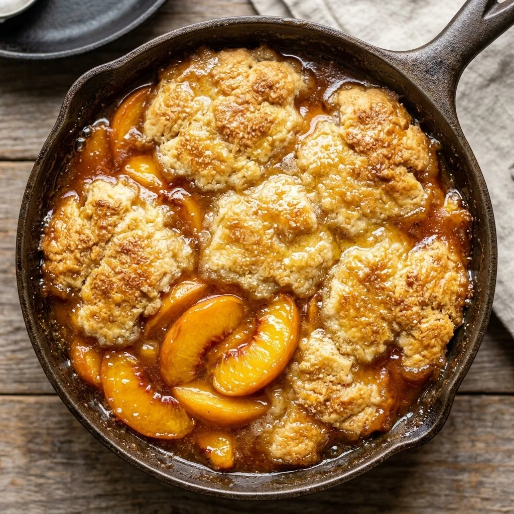 Delicious homemade peach cobbler served in a rustic dish