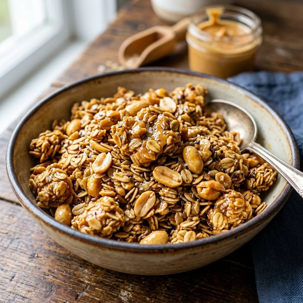 Bowl of homemade Peanut Butter Granola with nuts and seeds