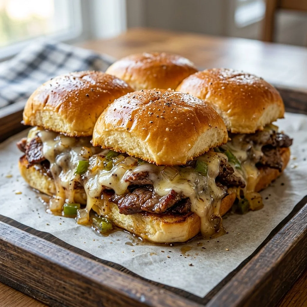 Philly cheesesteak sliders served on a platter with toppings
