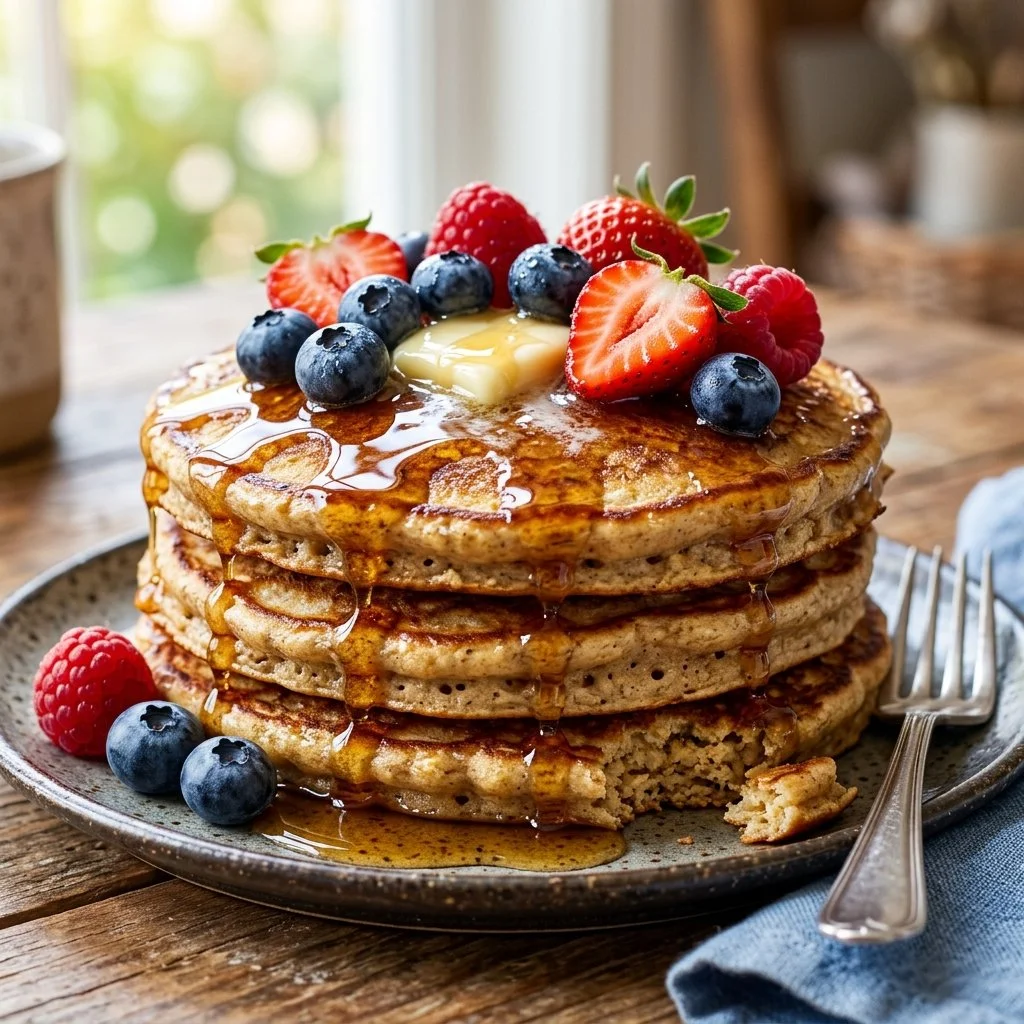 Fluffy protein pancakes stacked on a plate with fresh berries and maple syrup