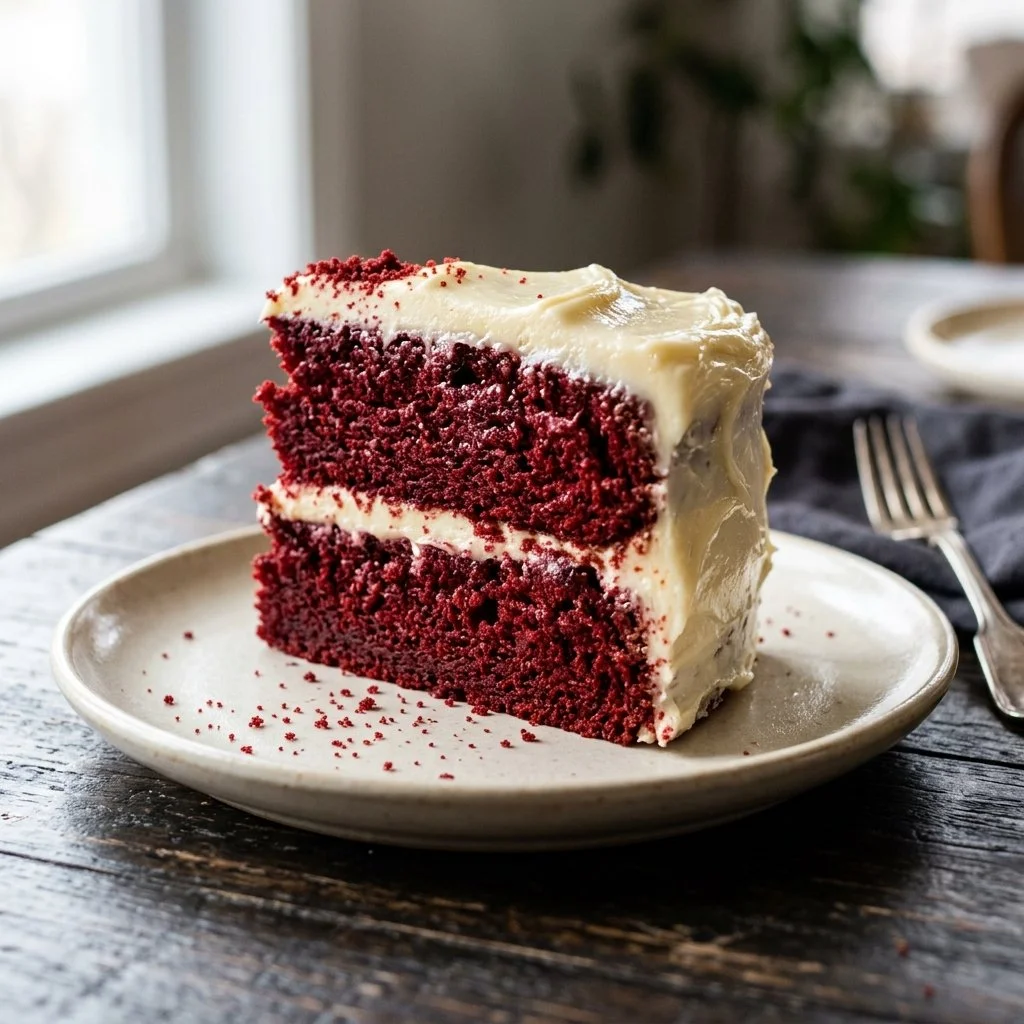 Delicious homemade Red Velvet Cake with cream cheese frosting