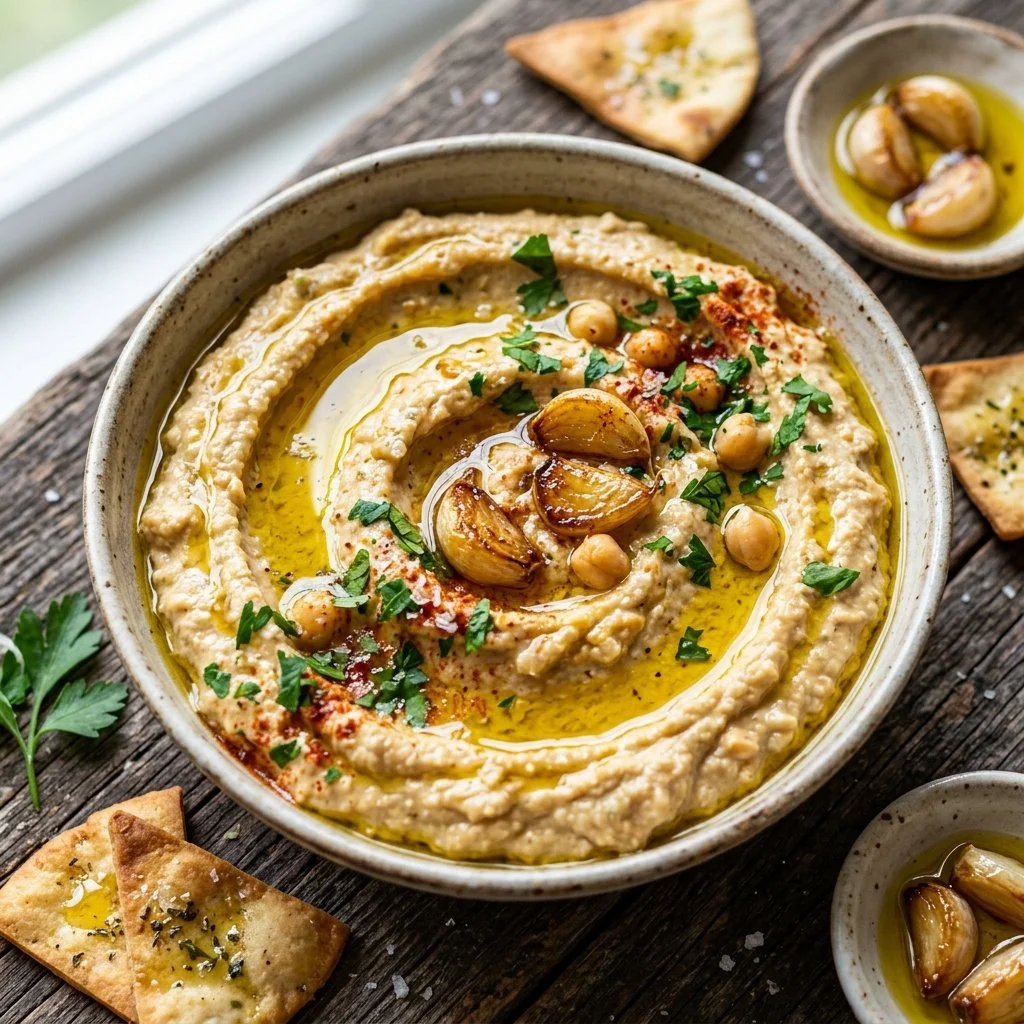 Bowl of roasted garlic hummus surrounded by fresh veggies and pita bread.