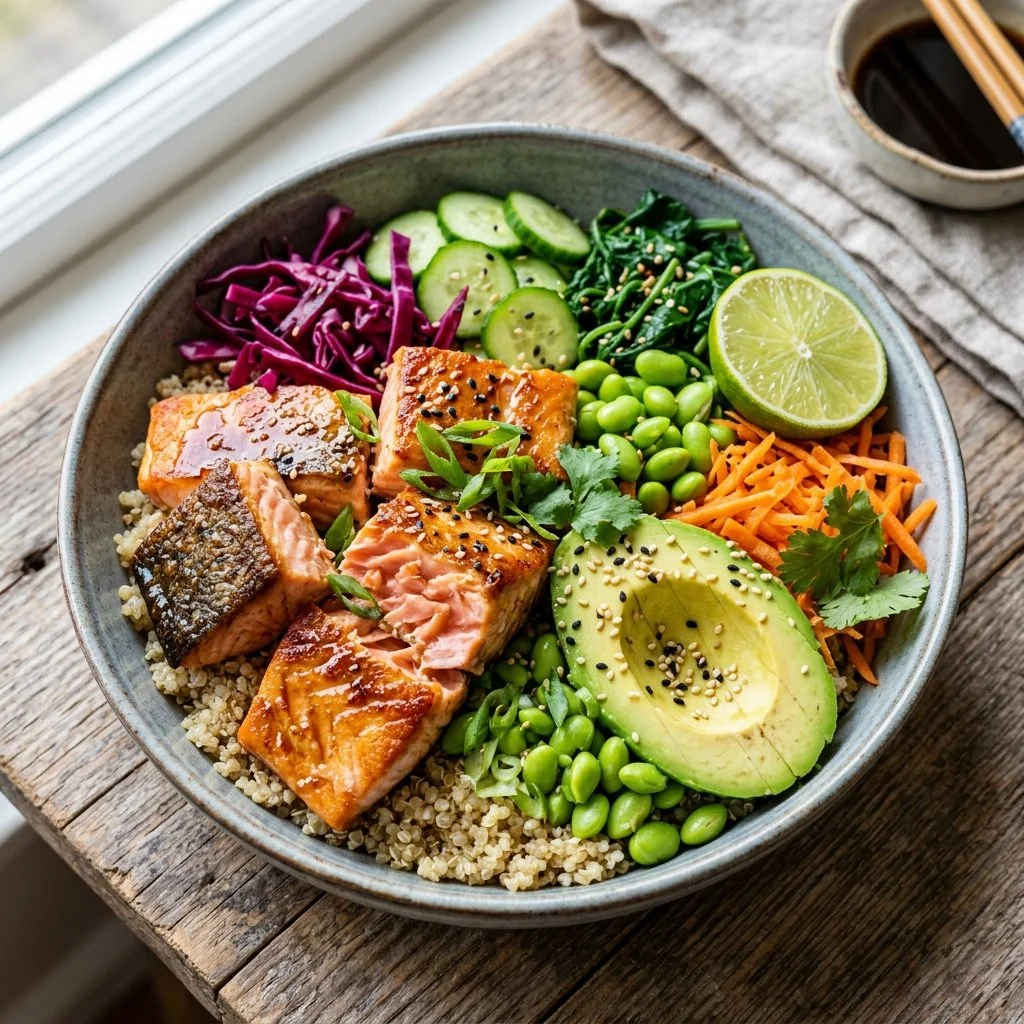 A colorful Salmon Buddha Bowl filled with fresh vegetables and grilled salmon.