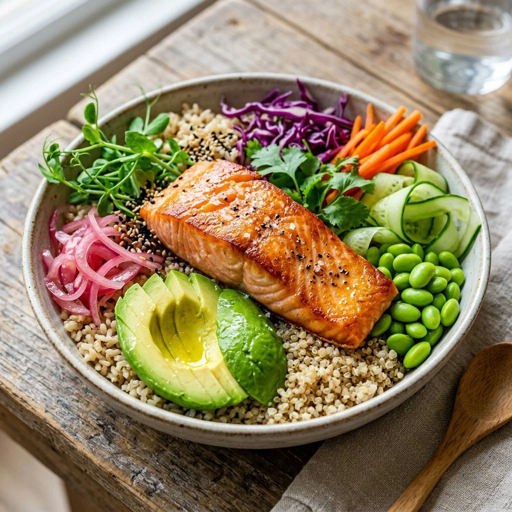 Delicious Salmon Buddha Bowl with fresh vegetables and grains