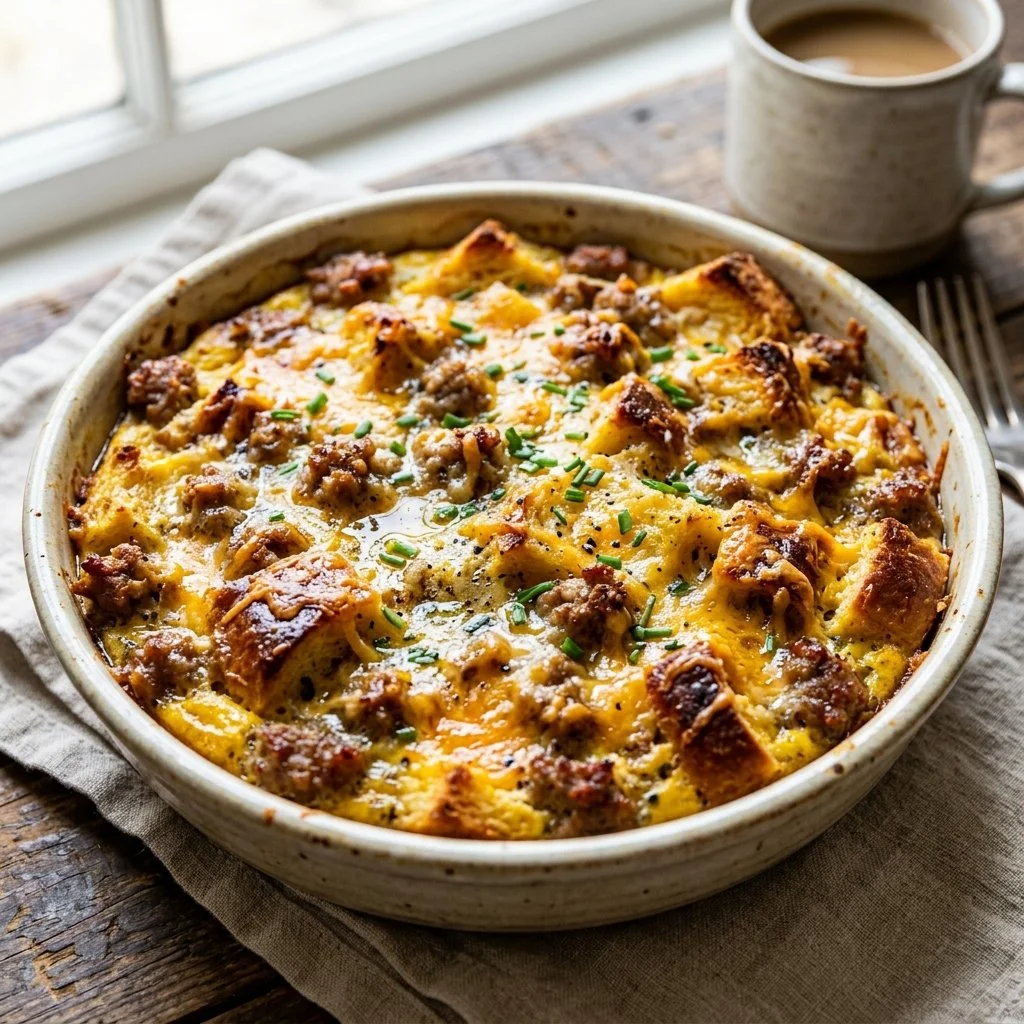 Delicious Sausage Breakfast Casserole loaded with eggs, cheese, and sausage.