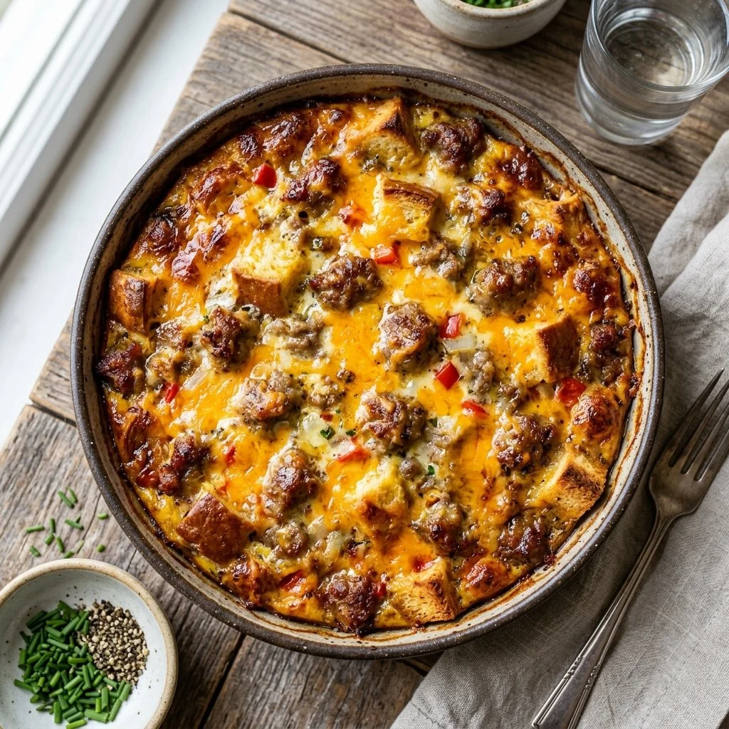 Delicious homemade Sausage Breakfast Casserole ready to serve.