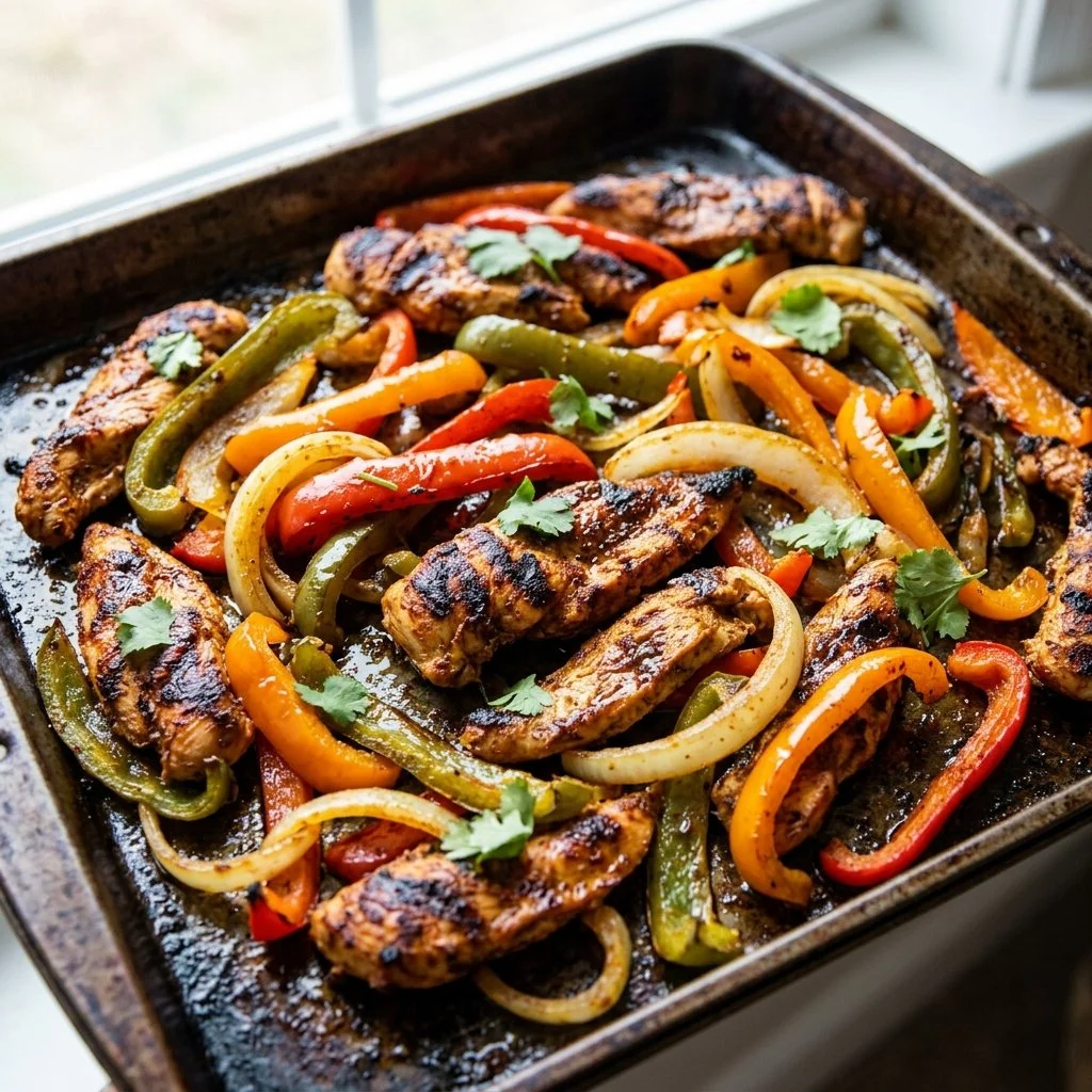 Sheet pan of colorful chicken fajitas with peppers and onions